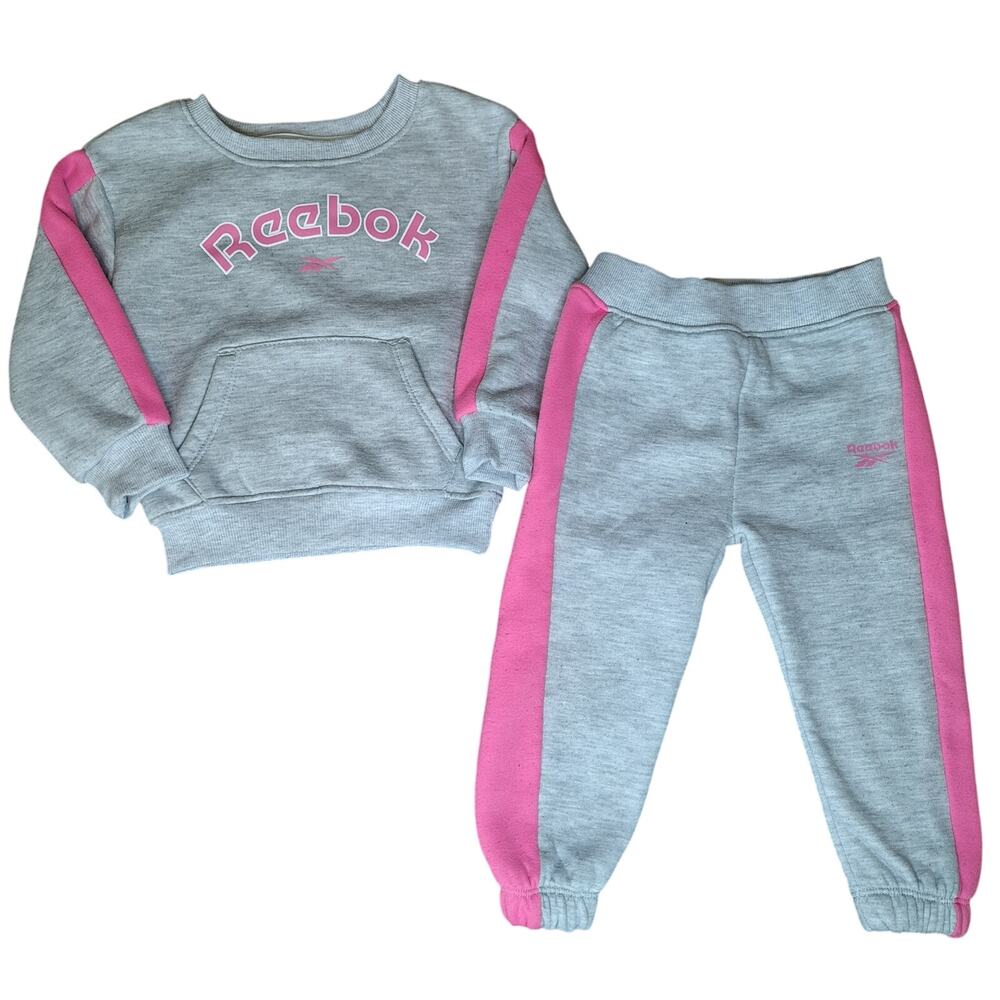Reebok Toddler Girls 2 Piece Fleece Sweatshirt Jogger Set Gray Pink EUC - 24M